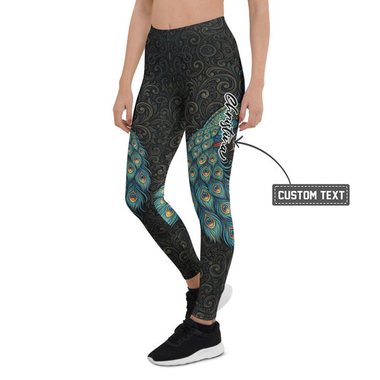 Personalisierte Damen Sportleggings Pfauenfeder Design Schwarz Blau Grün Fitness Yoga Leggings Ornament Muster C241 - XL