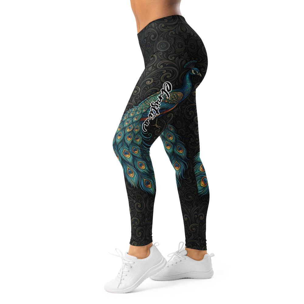 Personalisierte Damen Sportleggings Pfauenfeder Design Schwarz Blau Grün Fitness Yoga Leggings Ornament Muster C241