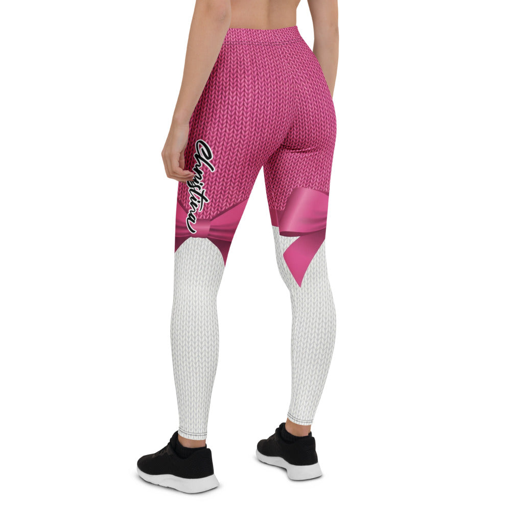 Personalisierte Damen Sportleggings Strickoptik Pink Weiß Schleifen-Design Fitness Leggings E330