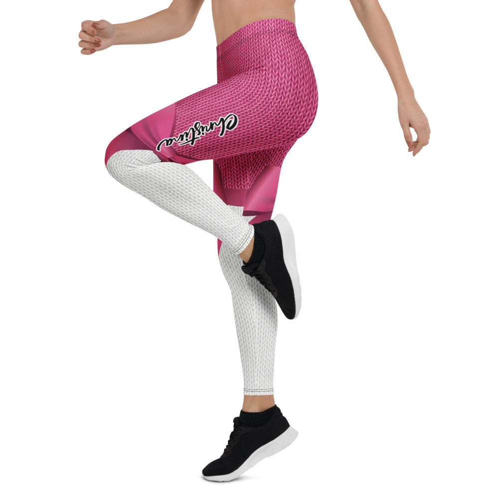 Personalisierte Damen Sportleggings Strickoptik Pink Weiß Schleifen-Design Fitness Leggings E330