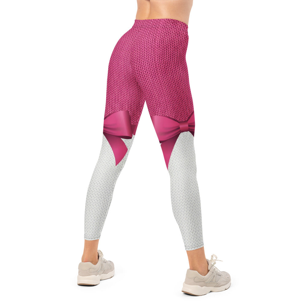 Personalisierte Damen Sportleggings Strickoptik Pink Weiß Schleifen-Design Fitness Leggings E330