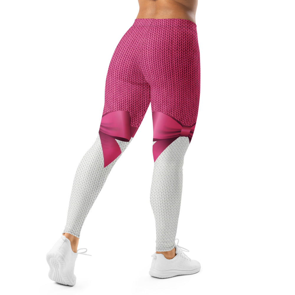 Personalisierte Damen Sportleggings Strickoptik Pink Weiß Schleifen-Design Fitness Leggings E330