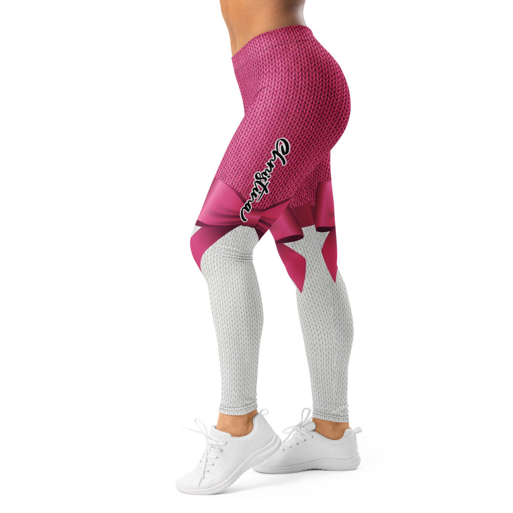 Personalisierte Damen Sportleggings Strickoptik Pink Weiß Schleifen-Design Fitness Leggings E330