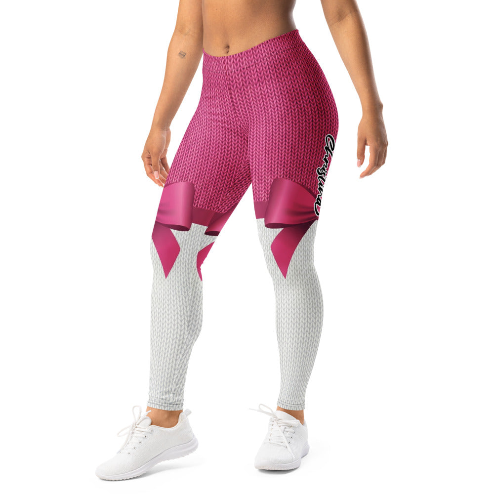 Personalisierte Damen Sportleggings Strickoptik Pink Weiß Schleifen-Design Fitness Leggings E330