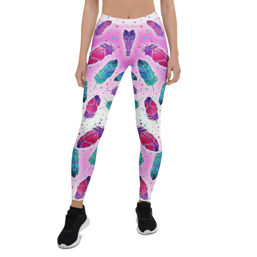 Personalisierte Damen Sportleggings Federmuster Pink Türkis Bunt Yoga Fitness Leggings L365