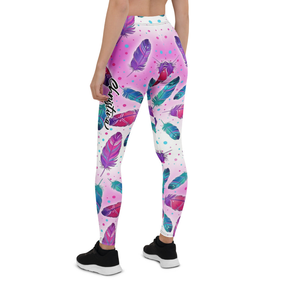 Personalisierte Damen Sportleggings Federmuster Pink Türkis Bunt Yoga Fitness Leggings L365