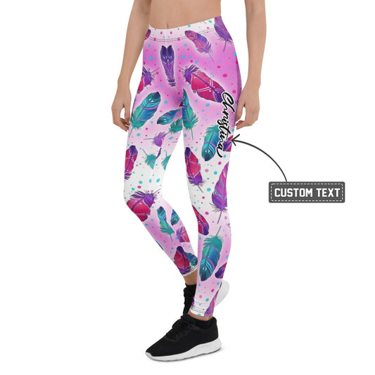 Personalisierte Damen Sportleggings Federmuster Pink Türkis Bunt Yoga Fitness Leggings L365 - XL