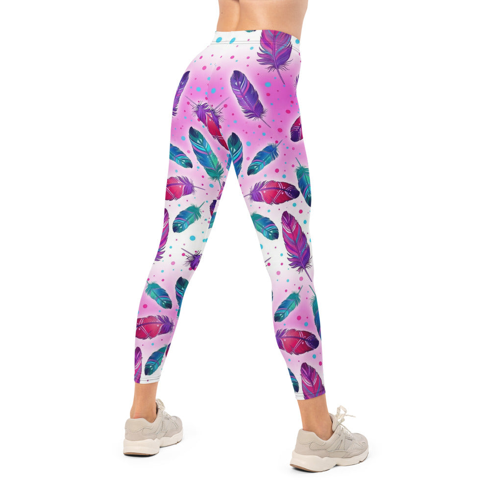 Personalisierte Damen Sportleggings Federmuster Pink Türkis Bunt Yoga Fitness Leggings L365