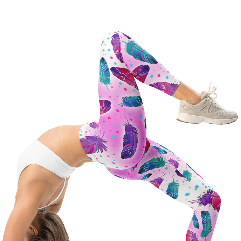 Personalisierte Damen Sportleggings Federmuster Pink Türkis Bunt Yoga Fitness Leggings L365