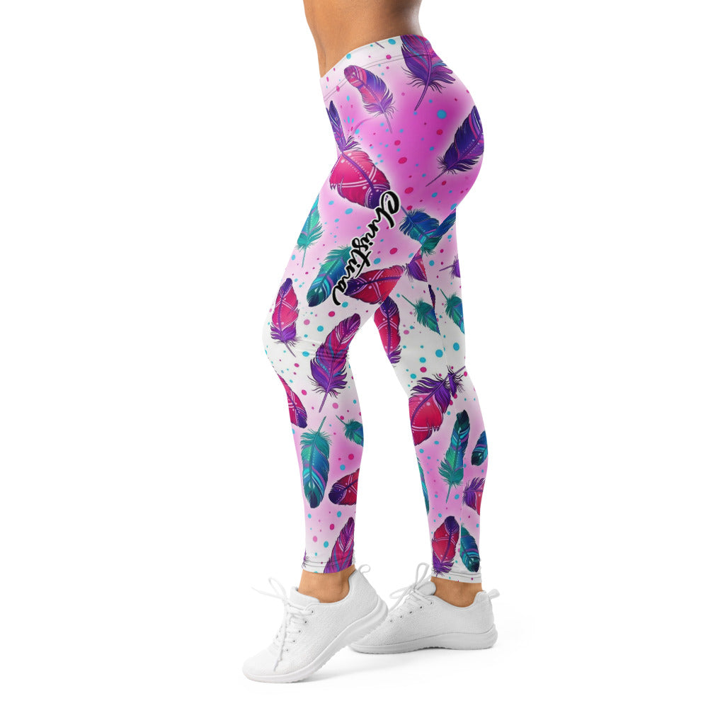 Personalisierte Damen Sportleggings Federmuster Pink Türkis Bunt Yoga Fitness Leggings L365