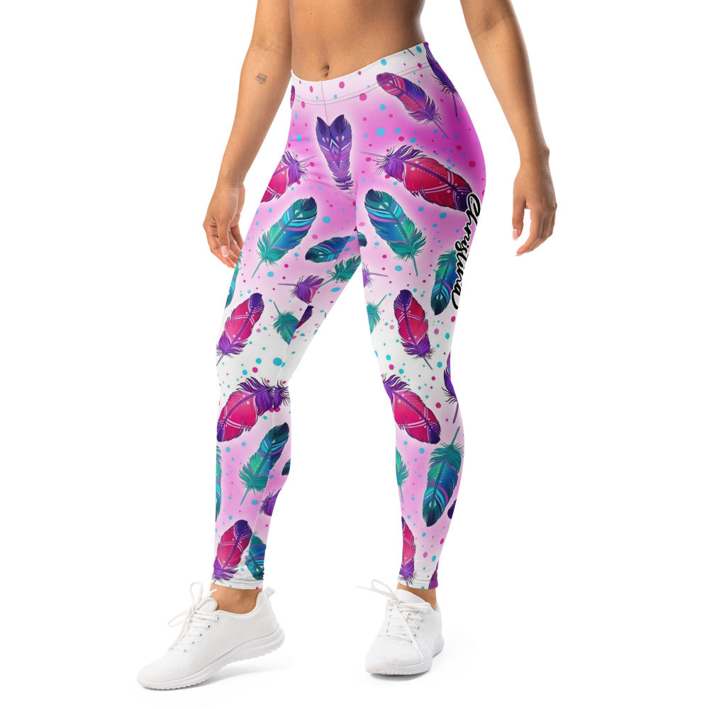 Personalisierte Damen Sportleggings Federmuster Pink Türkis Bunt Yoga Fitness Leggings L365