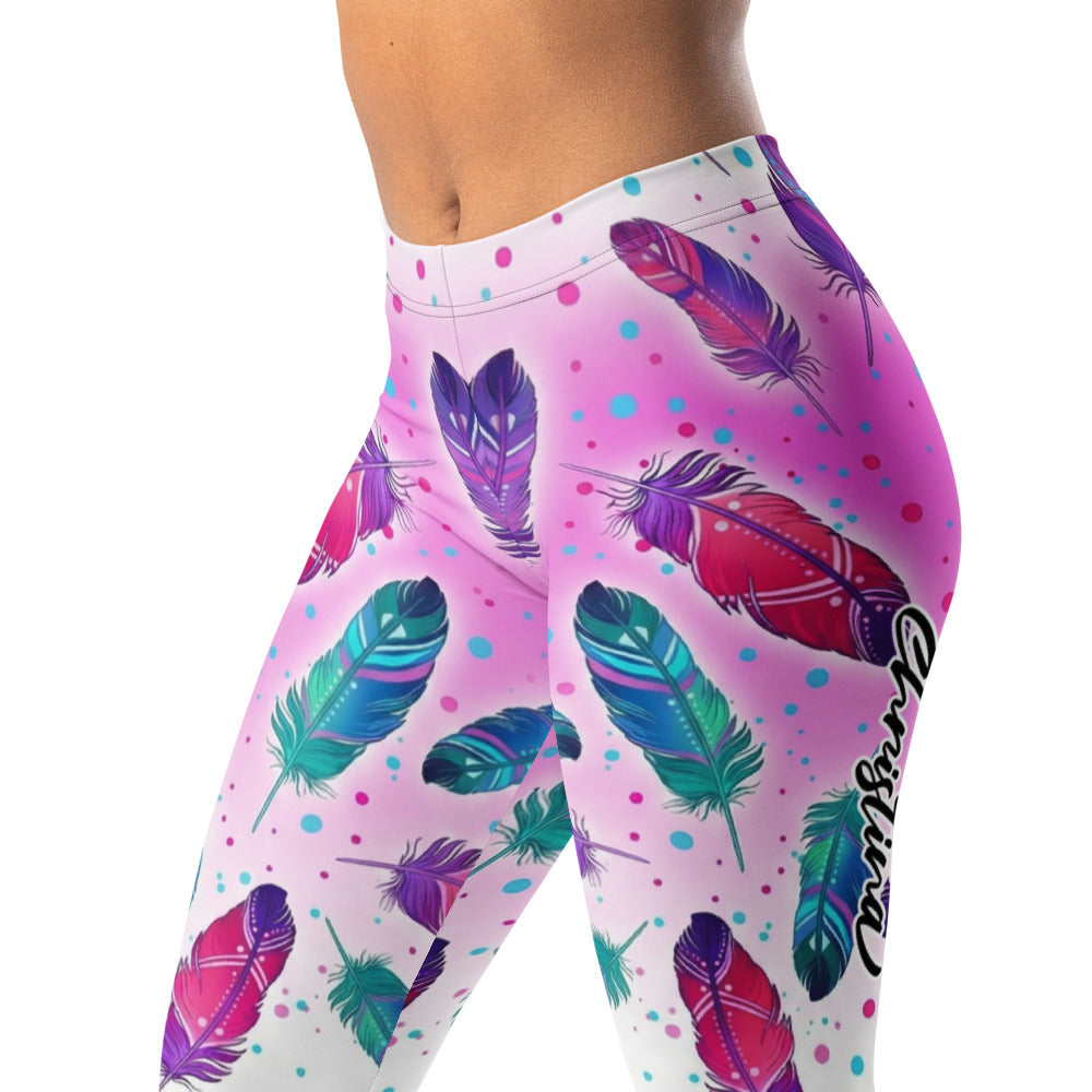 Personalisierte Damen Sportleggings Federmuster Pink Türkis Bunt Yoga Fitness Leggings L365