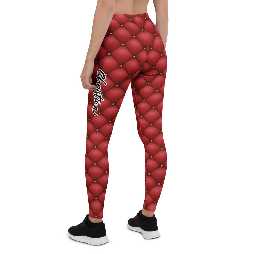 Personalisierte Sportleggings Damen Rot Gesteppt Leder-Optik Rautenmuster Fitness Leggings J316