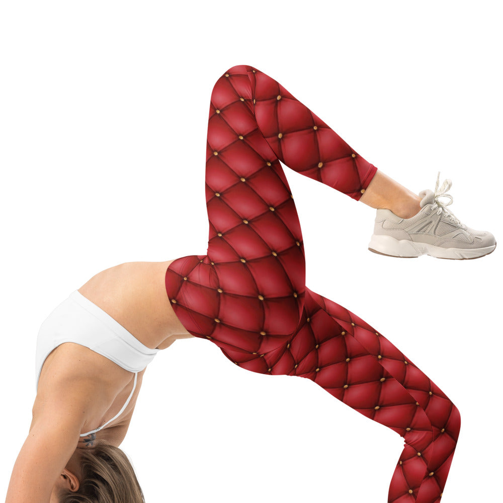 Personalisierte Sportleggings Damen Rot Gesteppt Leder-Optik Rautenmuster Fitness Leggings J316