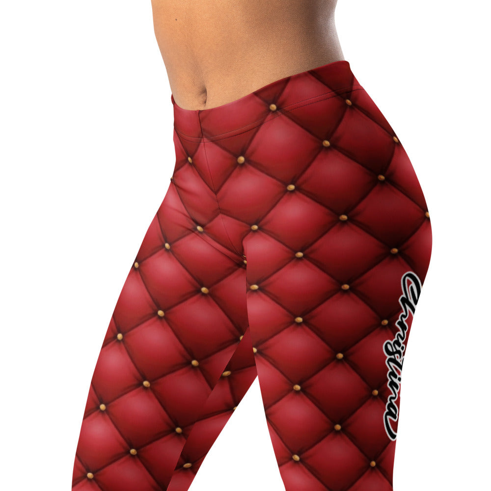 Personalisierte Sportleggings Damen Rot Gesteppt Leder-Optik Rautenmuster Fitness Leggings J316