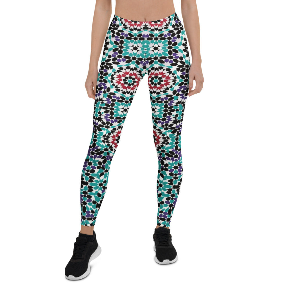 Personalisierte Sportleggings Damen Geometrisches Muster Mosaik Design Türkis Lila Fitness Yoga Leggings P987