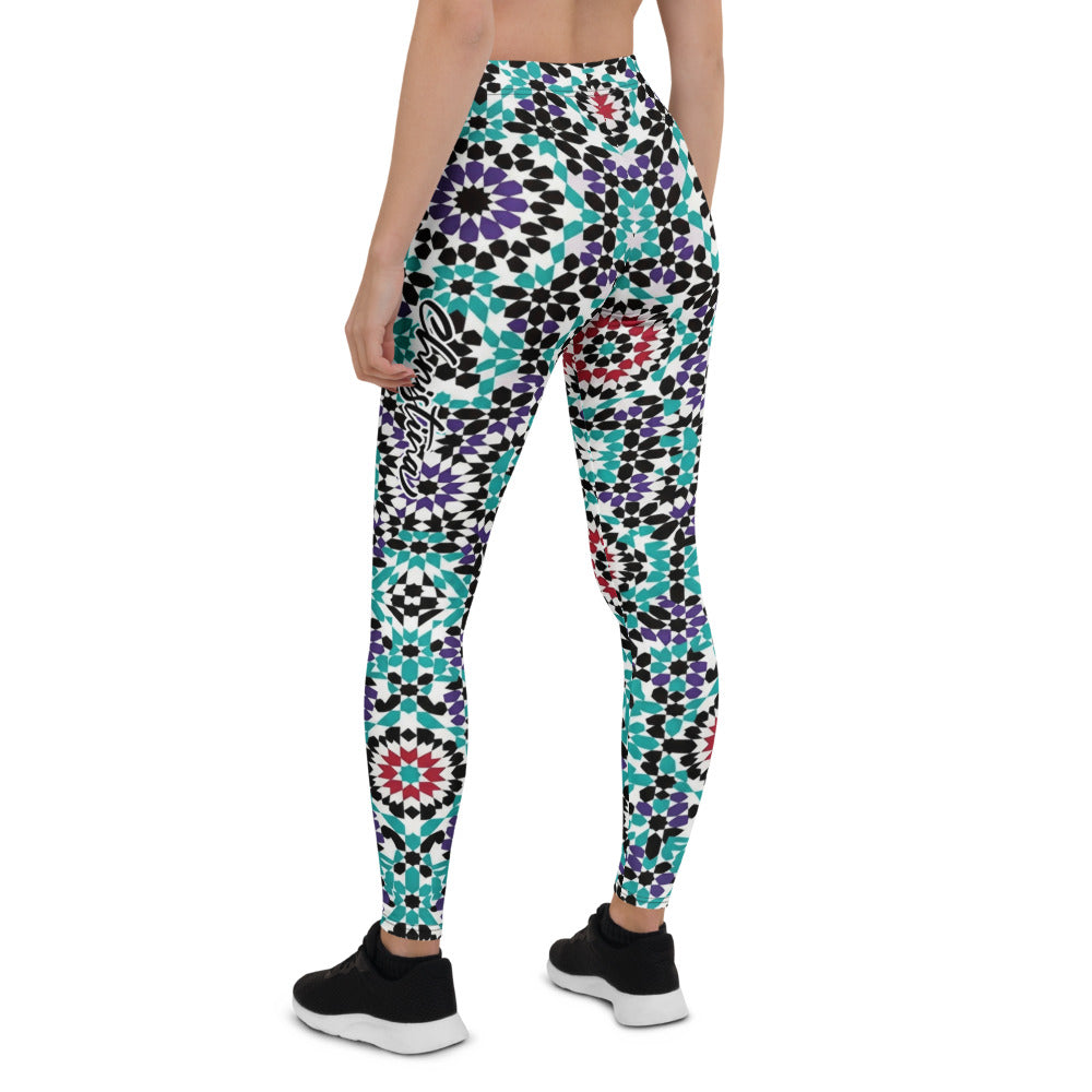 Personalisierte Sportleggings Damen Geometrisches Muster Mosaik Design Türkis Lila Fitness Yoga Leggings P987