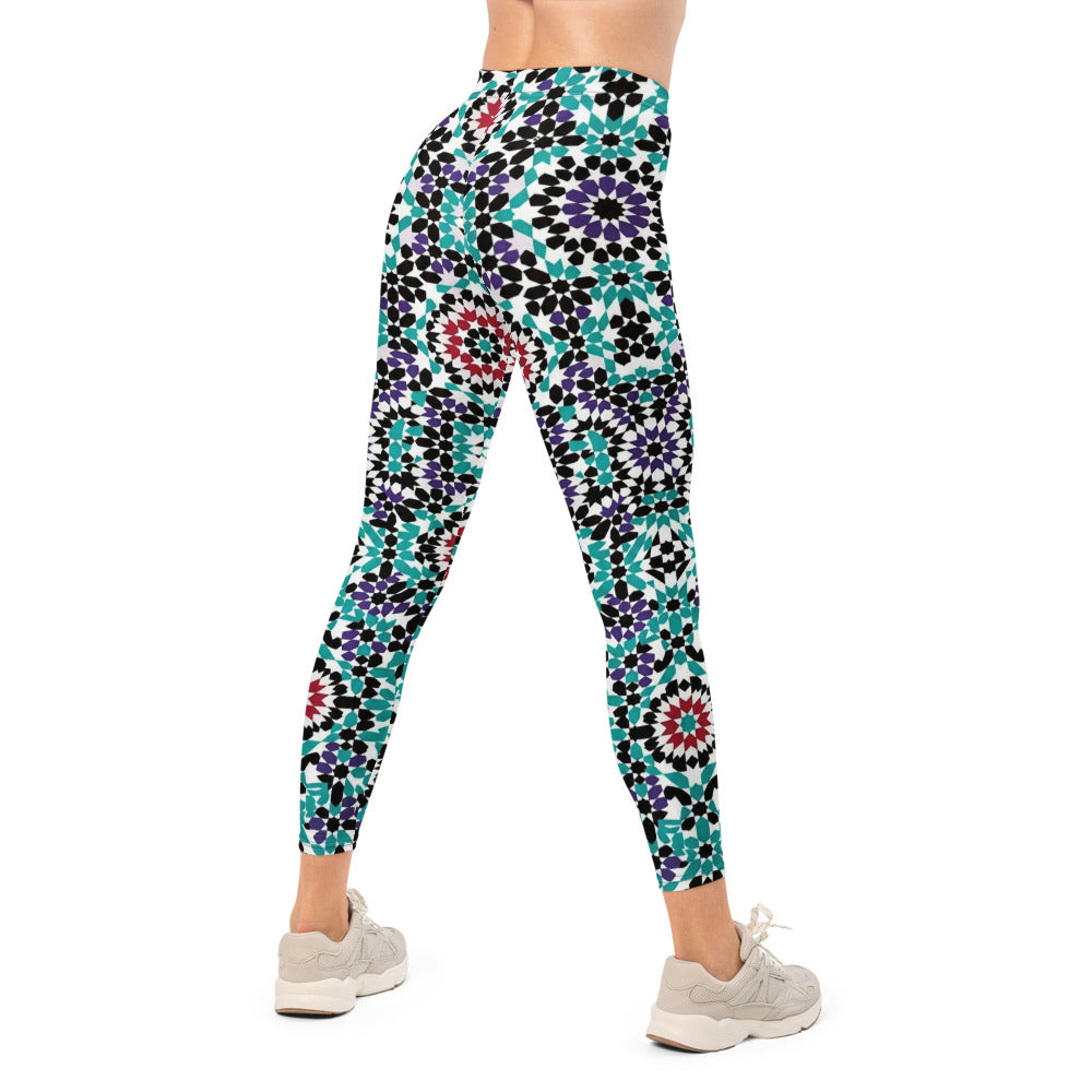 Personalisierte Sportleggings Damen Geometrisches Muster Mosaik Design Türkis Lila Fitness Yoga Leggings P987