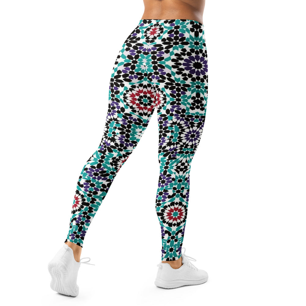 Personalisierte Sportleggings Damen Geometrisches Muster Mosaik Design Türkis Lila Fitness Yoga Leggings P987
