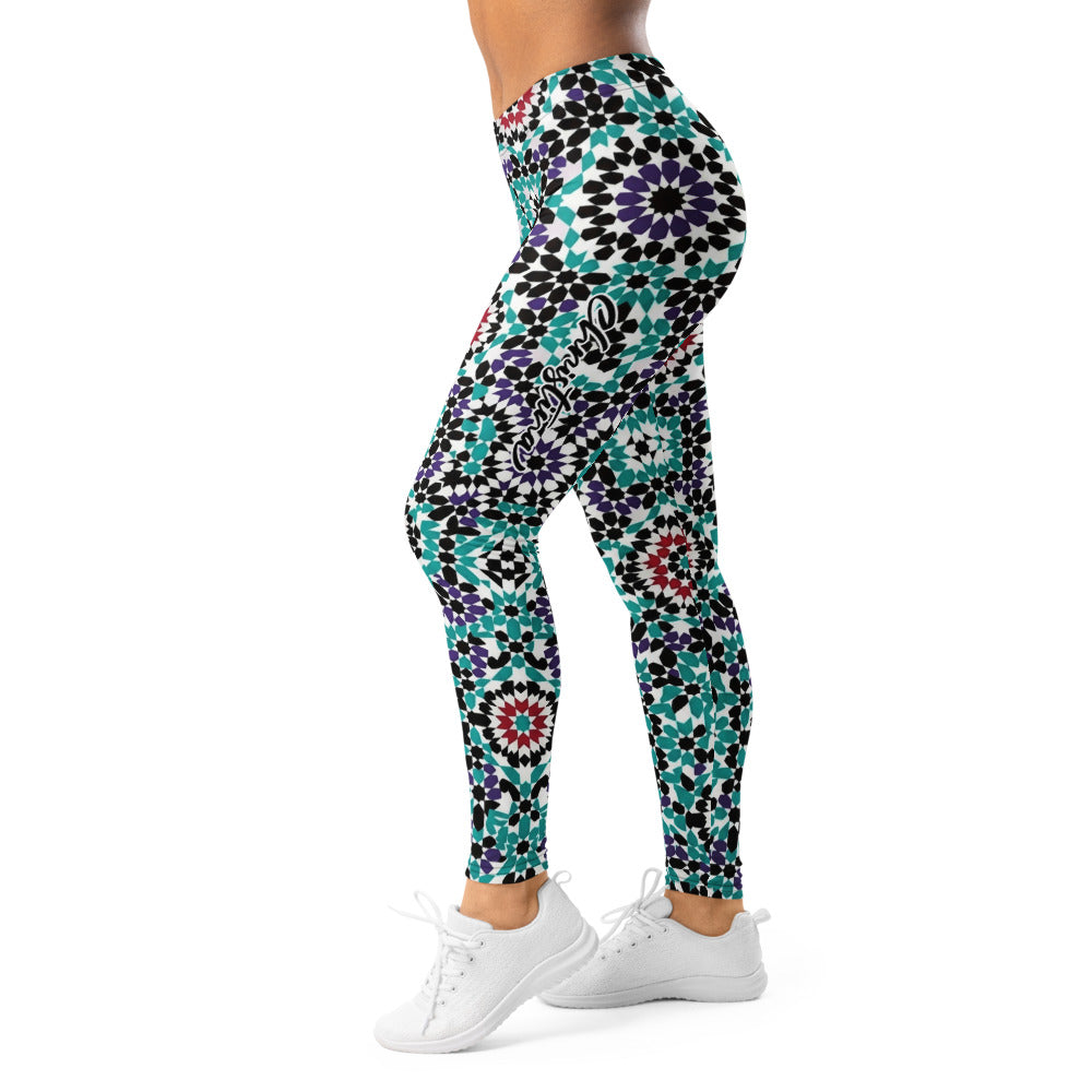 Personalisierte Sportleggings Damen Geometrisches Muster Mosaik Design Türkis Lila Fitness Yoga Leggings P987
