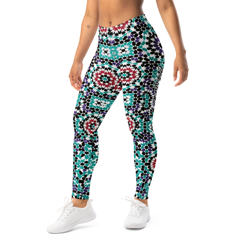 Personalisierte Sportleggings Damen Geometrisches Muster Mosaik Design Türkis Lila Fitness Yoga Leggings P987