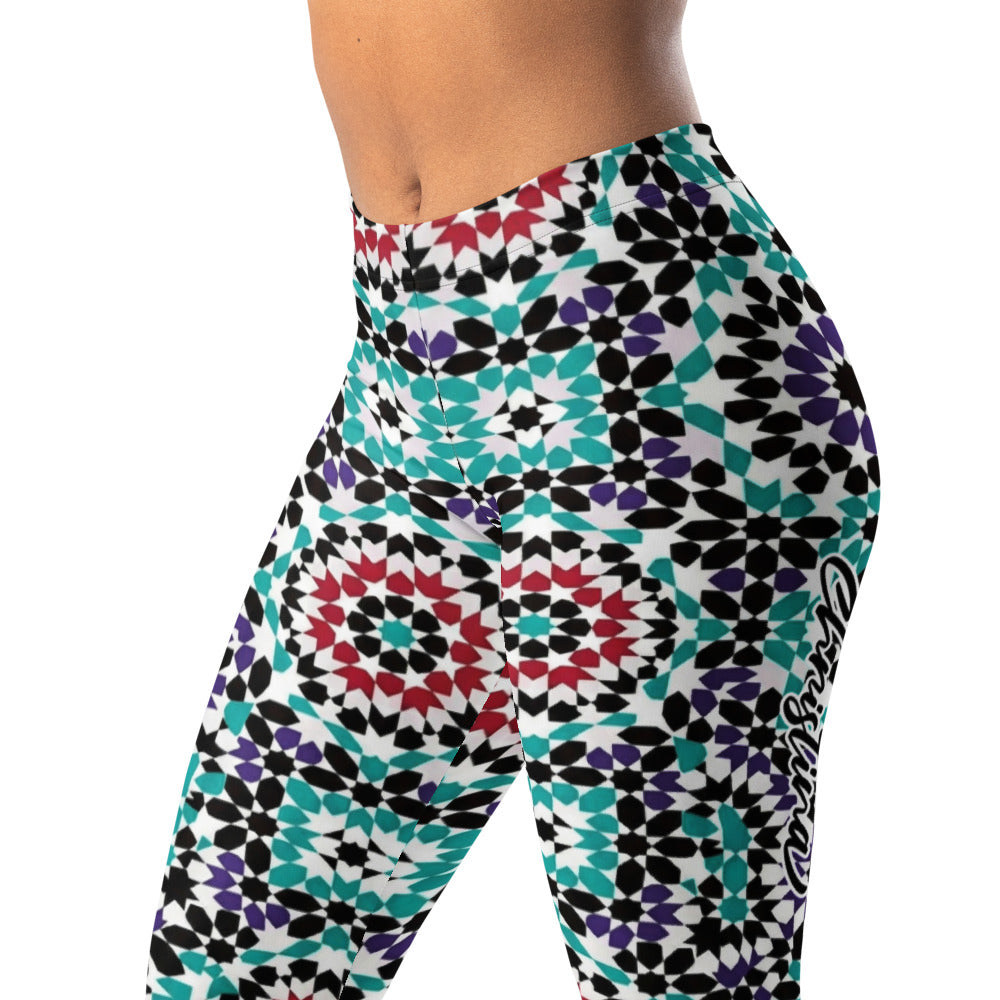 Personalisierte Sportleggings Damen Geometrisches Muster Mosaik Design Türkis Lila Fitness Yoga Leggings P987