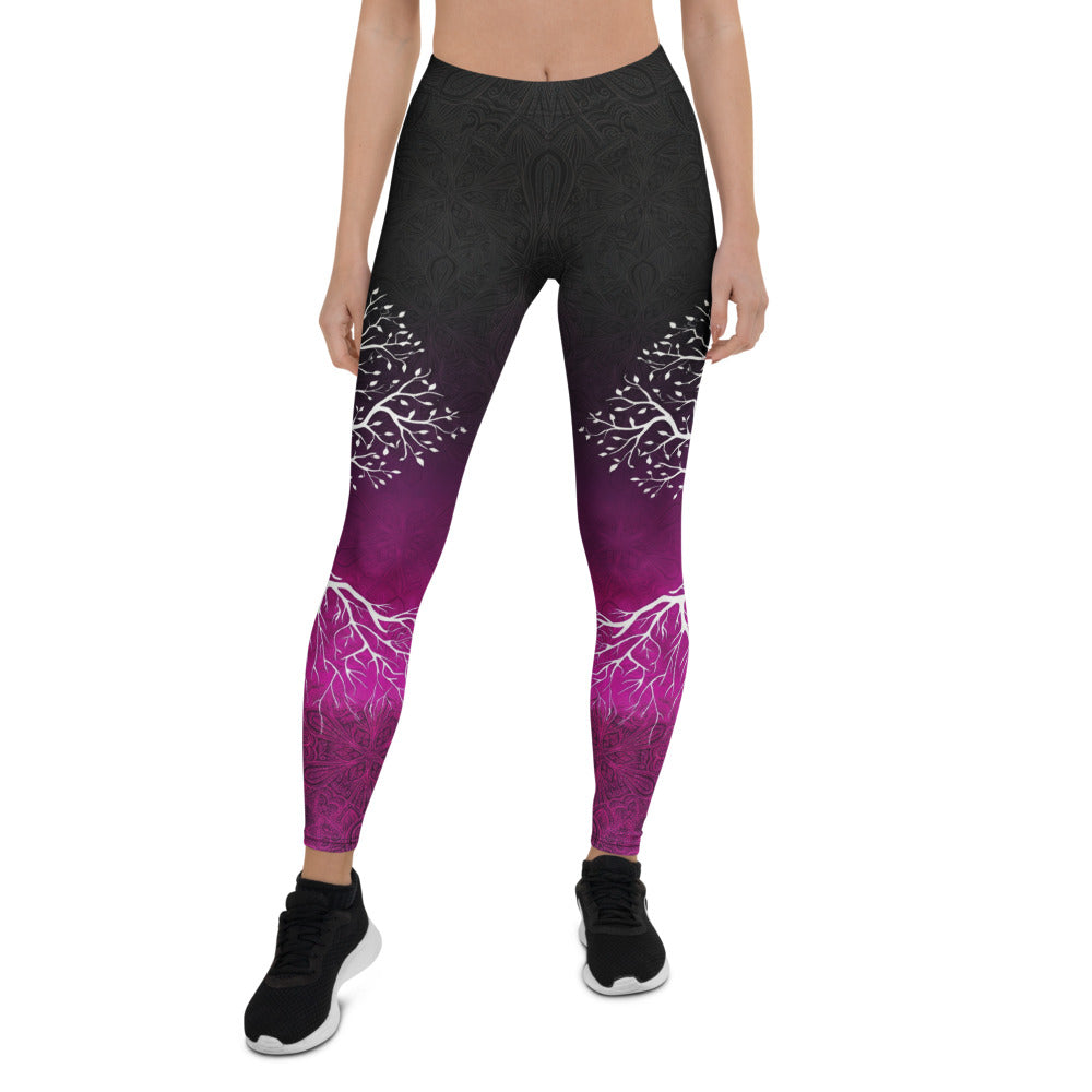 Personalisierte Damen Sportleggings Lebensbaum Design Schwarz Lila Fitness Yoga Leggings Mandala Print X091