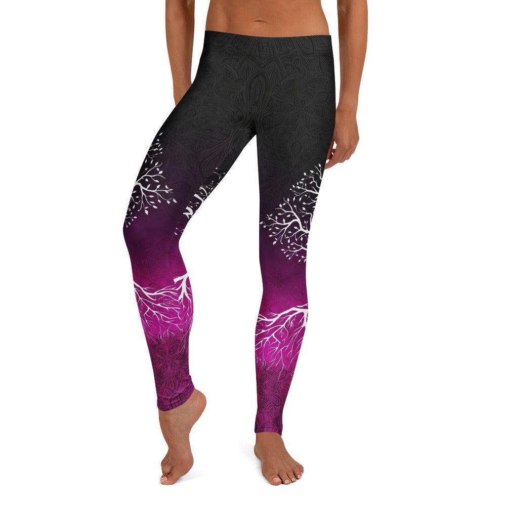 Personalisierte Damen Sportleggings Lebensbaum Design Schwarz Lila Fitness Yoga Leggings Mandala Print X091