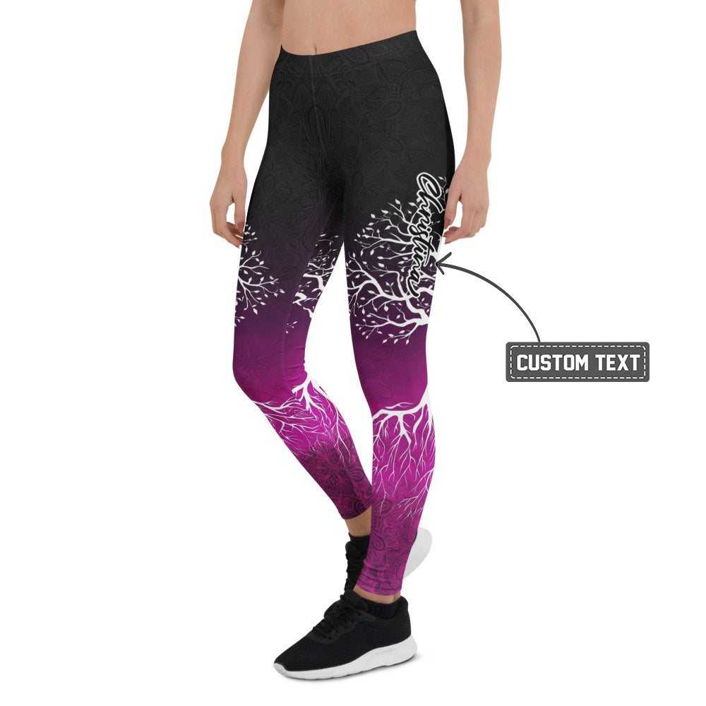Personalisierte Damen Sportleggings Lebensbaum Design Schwarz Lila Fitness Yoga Leggings Mandala Print X091 - XL