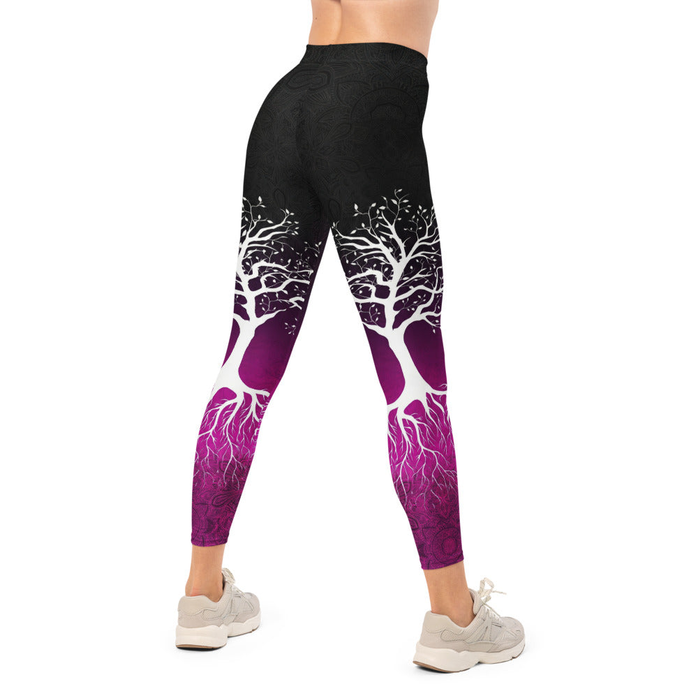 Personalisierte Damen Sportleggings Lebensbaum Design Schwarz Lila Fitness Yoga Leggings Mandala Print X091