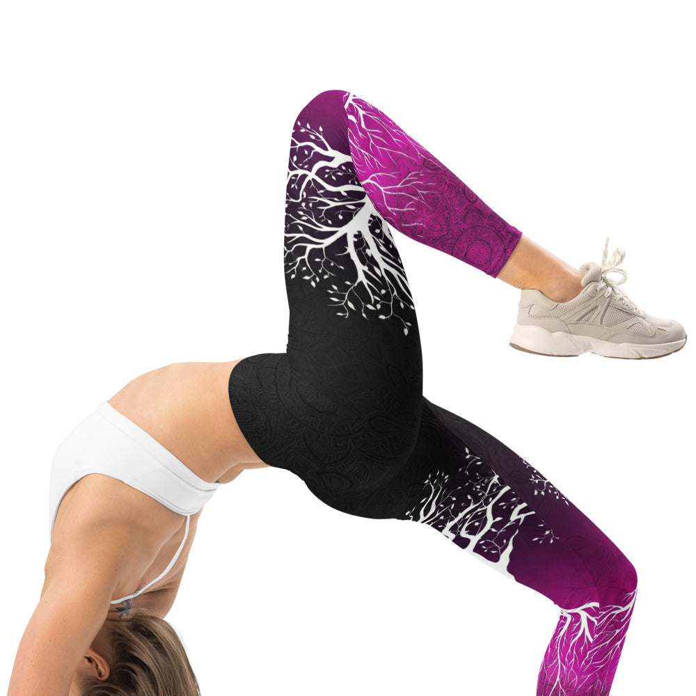 Personalisierte Damen Sportleggings Lebensbaum Design Schwarz Lila Fitness Yoga Leggings Mandala Print X091