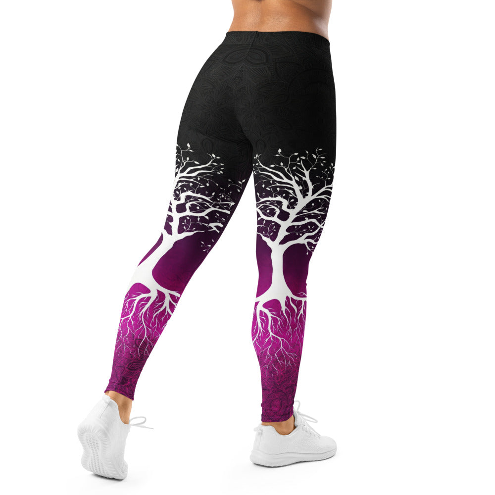 Personalisierte Damen Sportleggings Lebensbaum Design Schwarz Lila Fitness Yoga Leggings Mandala Print X091