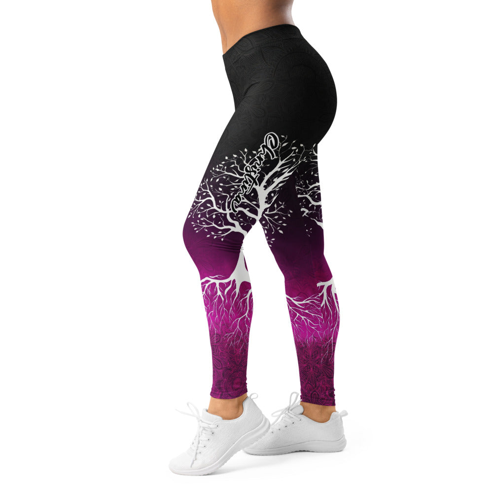Personalisierte Damen Sportleggings Lebensbaum Design Schwarz Lila Fitness Yoga Leggings Mandala Print X091