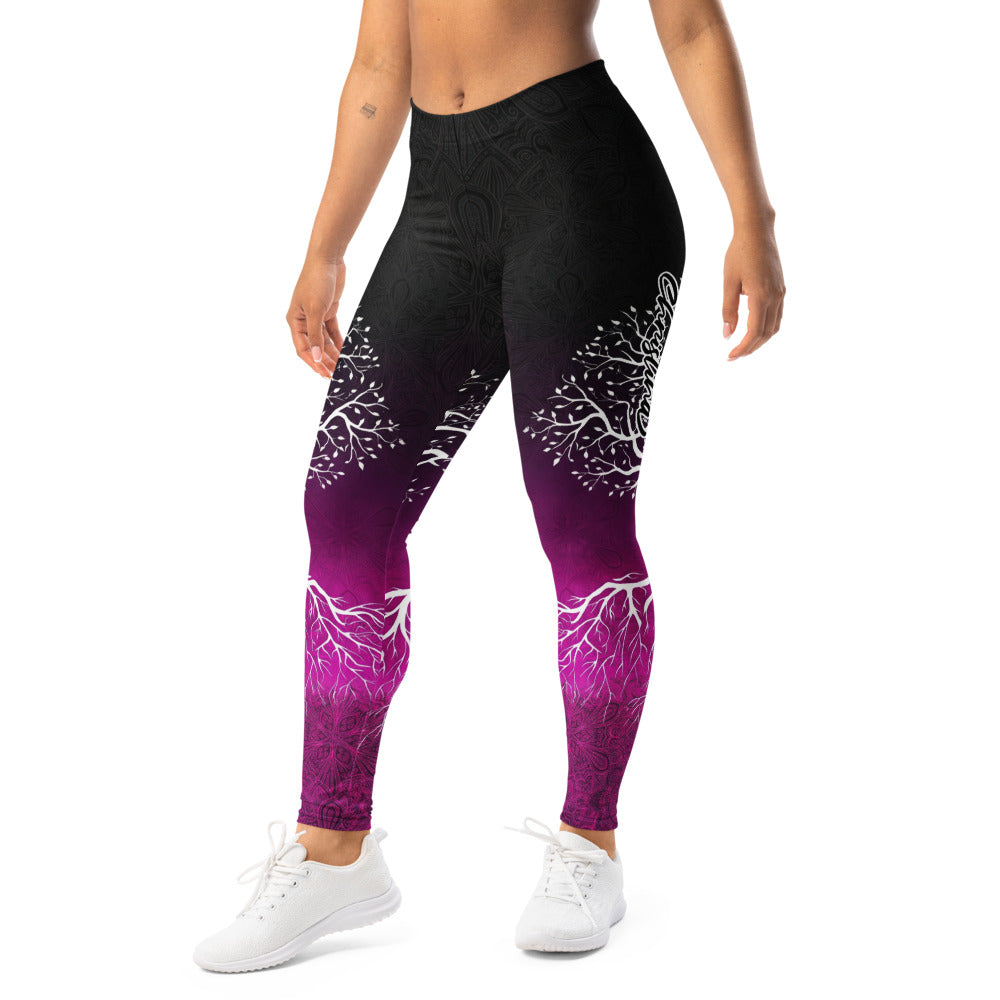 Personalisierte Damen Sportleggings Lebensbaum Design Schwarz Lila Fitness Yoga Leggings Mandala Print X091