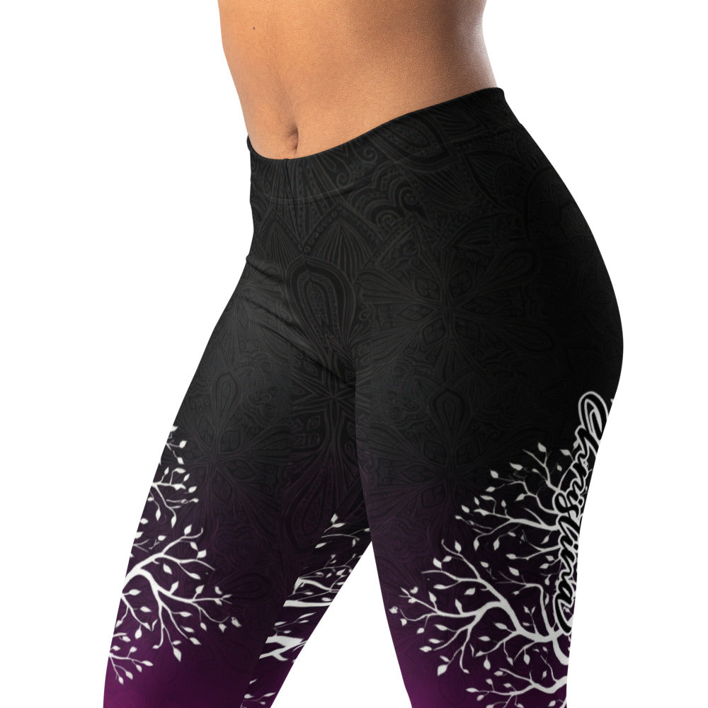 Personalisierte Damen Sportleggings Lebensbaum Design Schwarz Lila Fitness Yoga Leggings Mandala Print X091