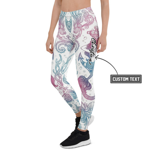 Personalisierte Damen Sportleggings Meerjungfrau & Anker Print Maritim Pink Türkis Fitness Leggings O080 - XL