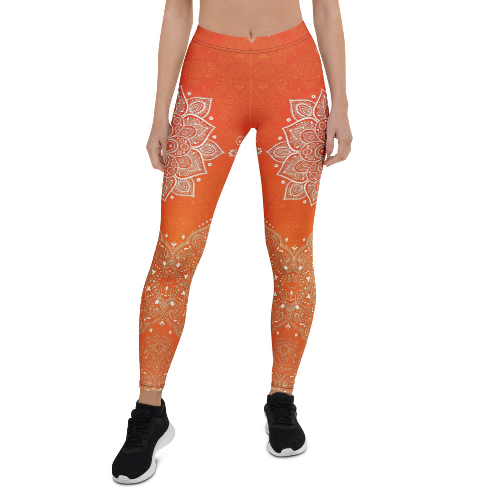 Personalisierte Damen Yoga Leggings Mandala Muster Orange Boho Fitnesshose Sportleggings M287