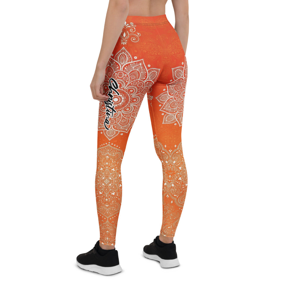 Personalisierte Damen Yoga Leggings Mandala Muster Orange Boho Fitnesshose Sportleggings M287
