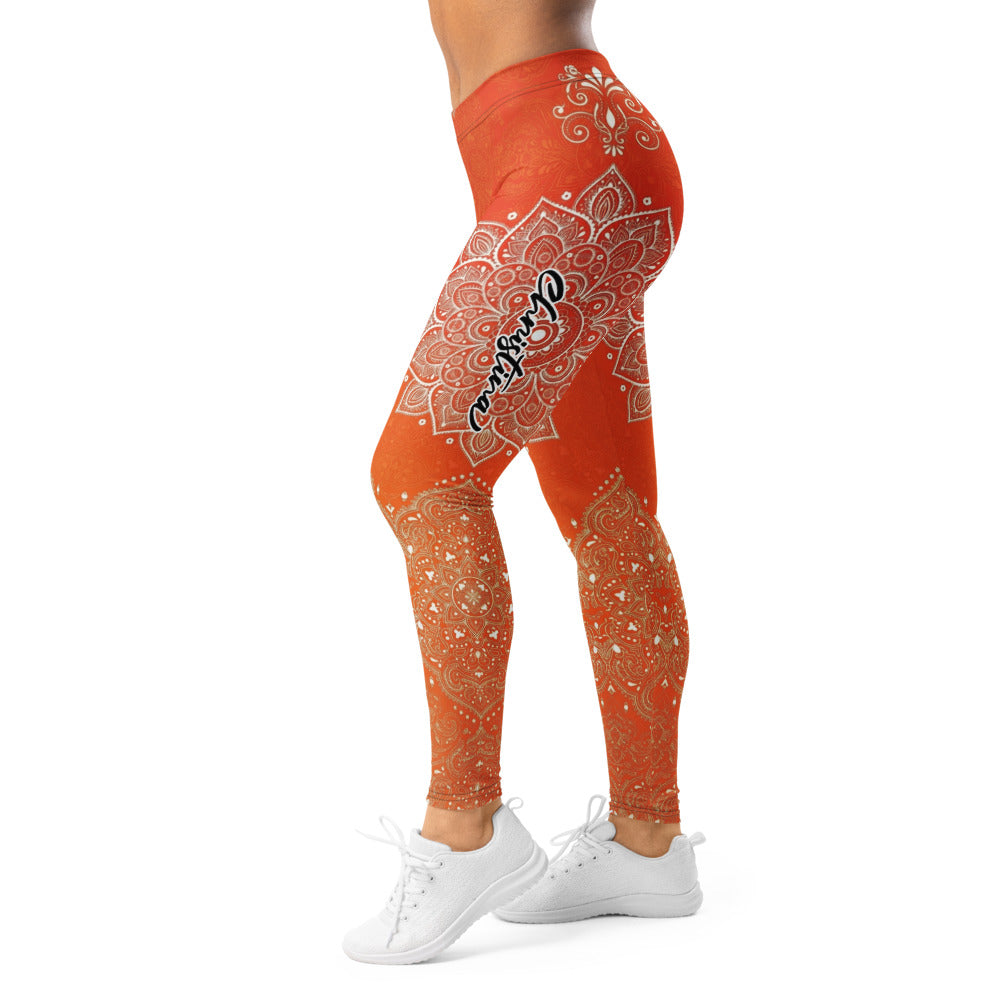 Personalisierte Damen Yoga Leggings Mandala Muster Orange Boho Fitnesshose Sportleggings M287