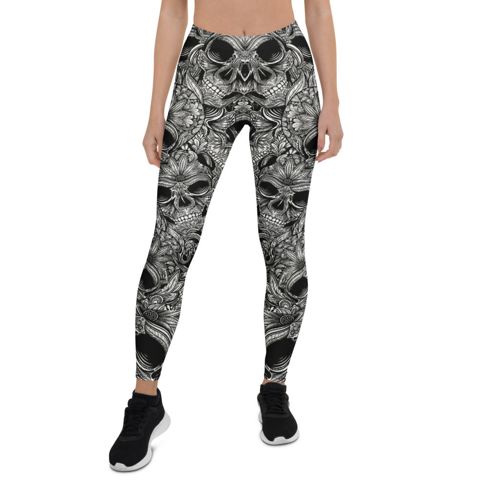 Personalisierte Damen Sportleggings Totenkopf Design Schwarz Weiß Fitness Yoga Leggings C905