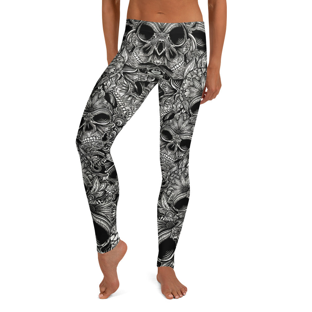 Personalisierte Damen Sportleggings Totenkopf Design Schwarz Weiß Fitness Yoga Leggings C905