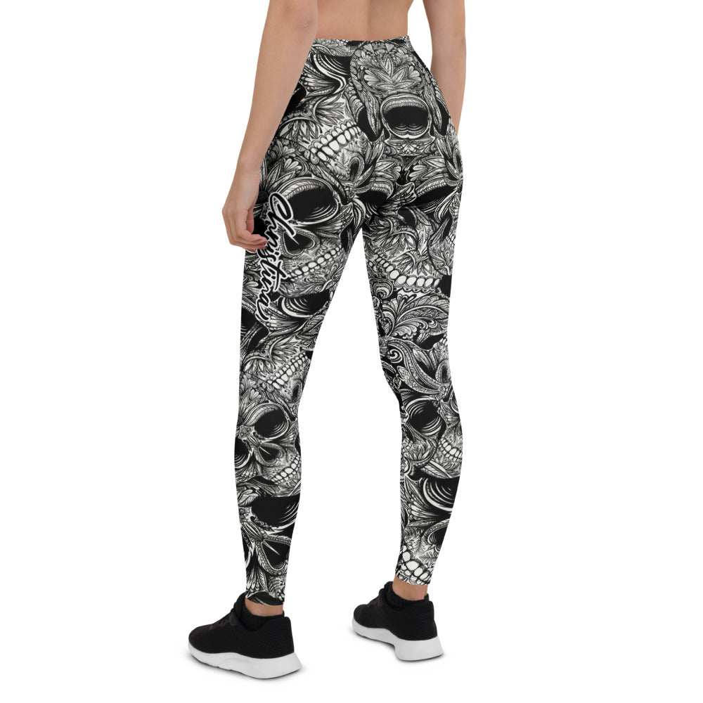 Personalisierte Damen Sportleggings Totenkopf Design Schwarz Weiß Fitness Yoga Leggings C905
