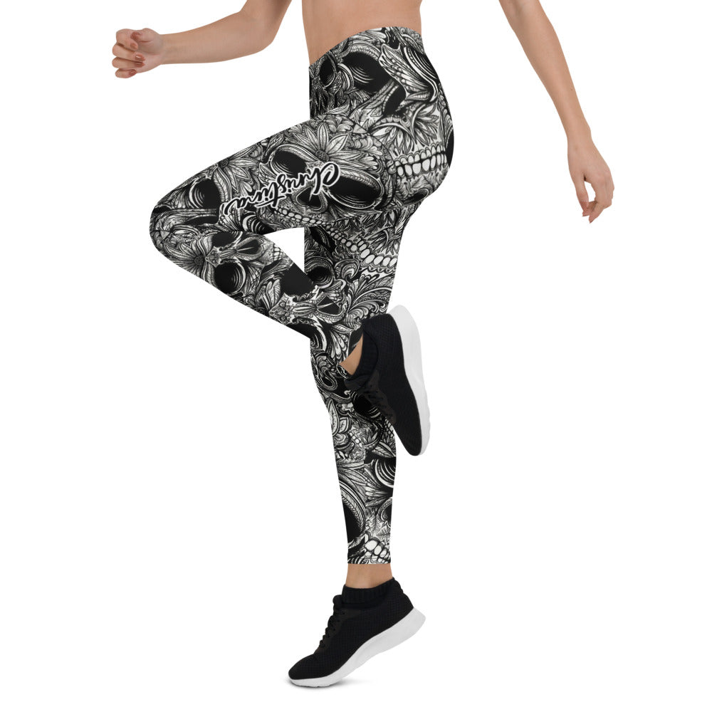 Personalisierte Damen Sportleggings Totenkopf Design Schwarz Weiß Fitness Yoga Leggings C905