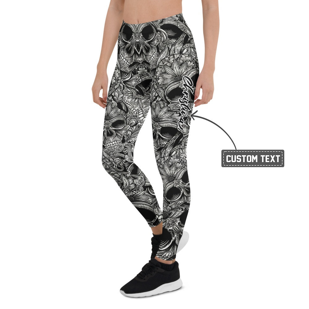 Personalisierte Damen Sportleggings Totenkopf Design Schwarz Weiß Fitness Yoga Leggings C905 - XL