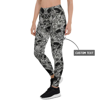 Personalisierte Damen Sportleggings Totenkopf Design Schwarz Weiß Fitness Yoga Leggings C905 - XL
