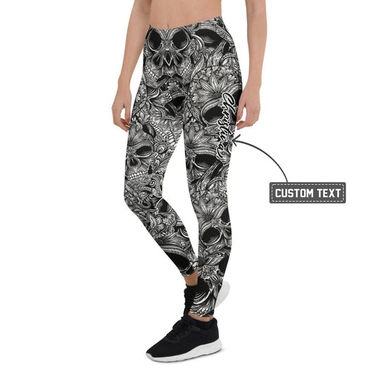 Personalisierte Damen Sportleggings Totenkopf Design Schwarz Weiß Fitness Yoga Leggings C905 - XL