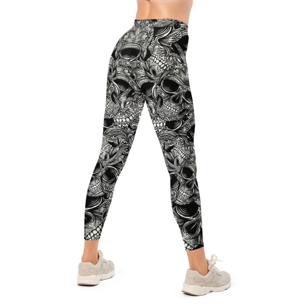 Personalisierte Damen Sportleggings Totenkopf Design Schwarz Weiß Fitness Yoga Leggings C905