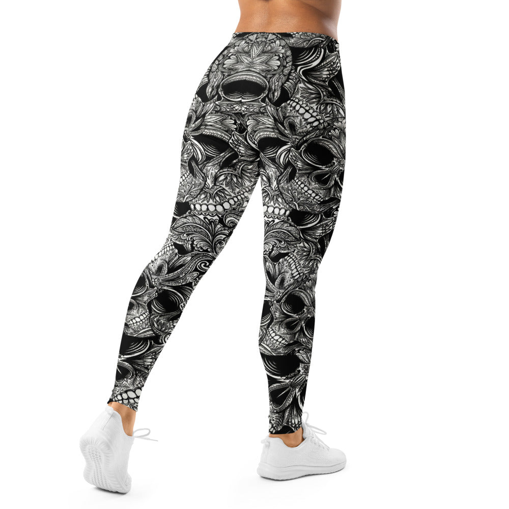 Personalisierte Damen Sportleggings Totenkopf Design Schwarz Weiß Fitness Yoga Leggings C905