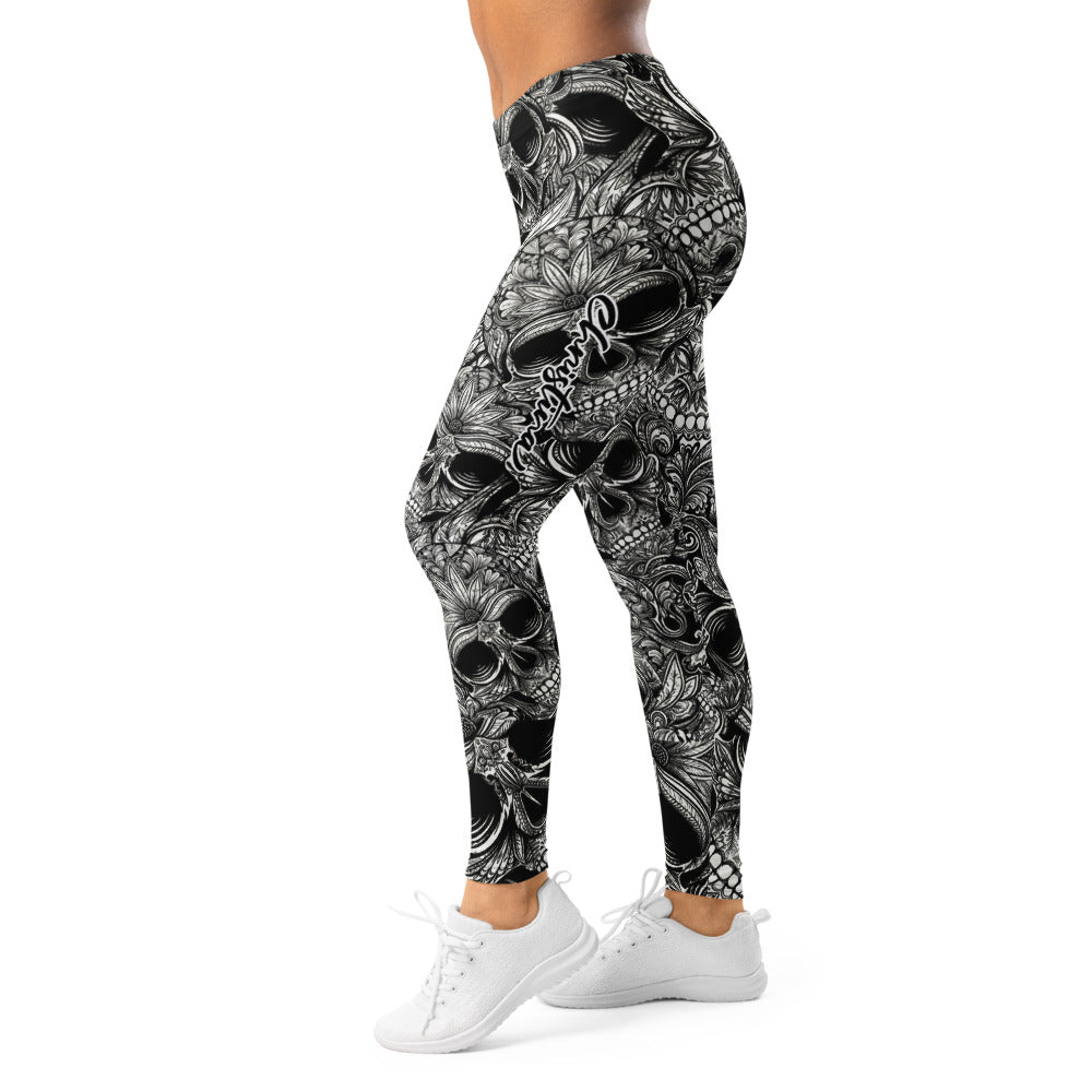 Personalisierte Damen Sportleggings Totenkopf Design Schwarz Weiß Fitness Yoga Leggings C905