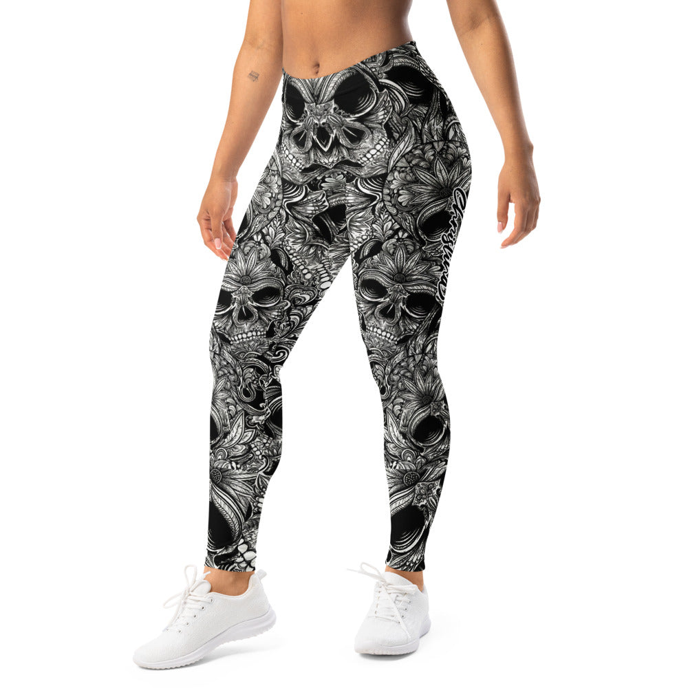 Personalisierte Damen Sportleggings Totenkopf Design Schwarz Weiß Fitness Yoga Leggings C905